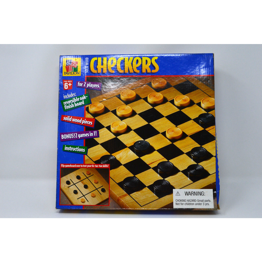 Pavilion Solid Checkers & Tic-Tac-Toe 2-Sided Oak Finish Board with Wood Pieces
